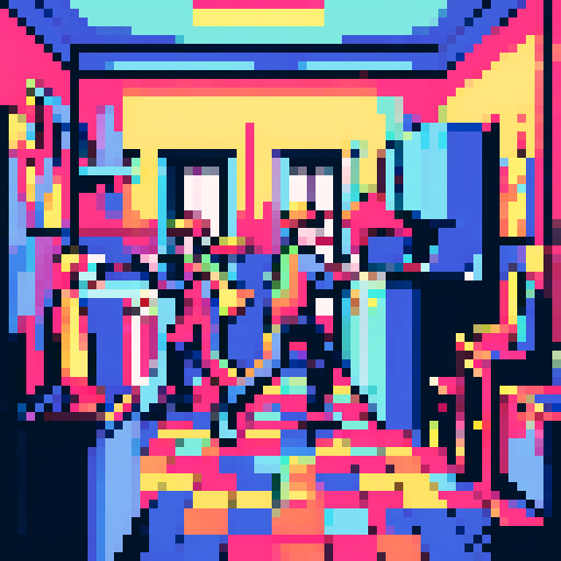Two broom-wielding figures, engaged in a lively duel, amidst the vibrant colors and blocky pixels of a laundry room