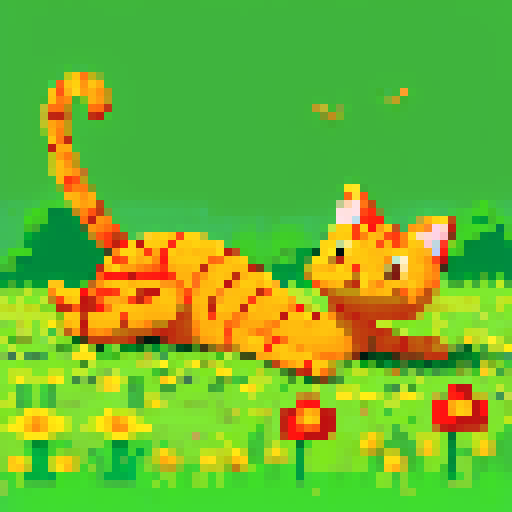 orange cat lying on the meadow, dragonfly on its head, warm summer sun, warm tones