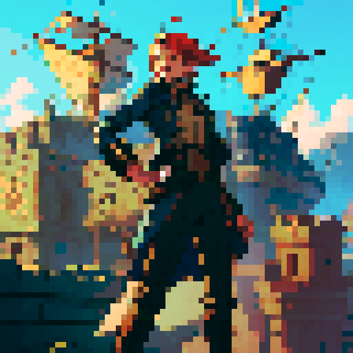 main character sprite with animations. young steampunk airship captain who fights with dual pistols