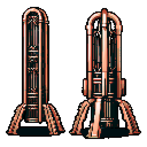 I want a tall vertical copper structure reminiscent of a organ pipe. It should have strange mechanical details that could interlock with each other. I also want this object usable an asset in a videogame, meaning only one object per image, outlined with a strong black stroke, on a solid-color background.