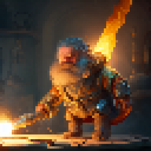 Dwarf artificer, hammering away at a fiery forge, surrounded by steaming pipes and glowing runes, crafting intricate clockwork constructs with his skilled hands.