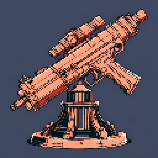I want a copper structure reminiscent of the gun on top of a turret, seen from a head on two dimensional perspective. The design should be relatively simple. I also want this object usable as an asset in a videogame, meaning only one object per image, outlined with a strong black stroke, on a solid-color background.