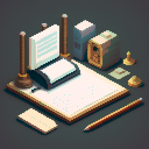 block, wooden interior, isometric, medieval, writing table, feather pen, ink, paper, papers, royal seal, law, dark