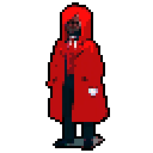 A creepy man wearing a red coat, with many physical deformity's.