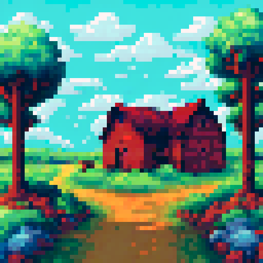 wooden barn, horses, plains field, trees, sky, sRGB, pixel art, background, landscape