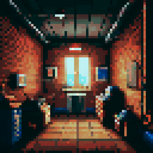 year 1937 coal room, interior, red rusty heat machine, pipes and pieces on opened blue closets,  small electric lamp ceiling, moody, vga graphics, 256 color palette, graphical adventure videogame, pixel-art