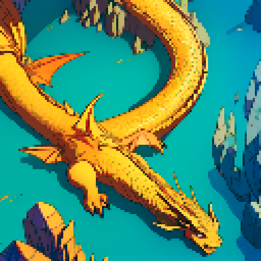 dragon with shimmering scales, hoard of gold coins glimmering in the background, dragon leisurely lounging on top of a massive pile of gold coins, dragon's majestic form taking up the full canvas with intricate pixel art details in a vibrant sRGB color palette, dragon is gold colored