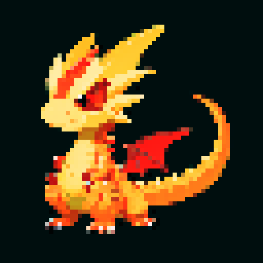 A medium-sized dragon with shimmering red and orange scales. Its wings are fully developed, and it has a fierce expression with flames flickering around its mouth. Its eyes glow with an inner fire, and it stands ready to unleash its fiery breath. No background.
