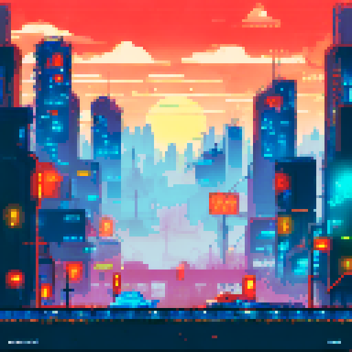 cyborg scavenger, rusty pipes, neon signs, towering skyscrapers, flickering holograms, abandoned vehicles, polluted air