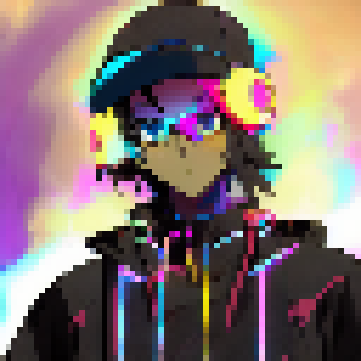 A colorful, swirling vortex of electric blue and neon pink with a radiant, anime-style protagonist standing victorious at the center.