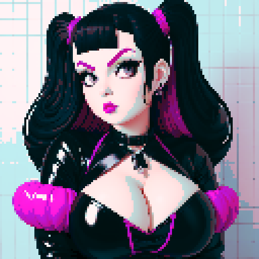 curvy, busty goth girl, close up face glamour shot, PVC clothing,  modern tile backsplash, vivid colors, pixel art, sRGB