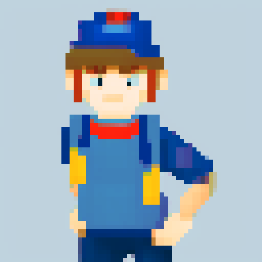 Pixelated school boy, age 10, wearing a baseball cap, striking a playful pose with a mischievous glint in his eyes."