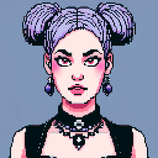 curvy, busty cute goth babe with studded collar, big titty goth wearing halter top, hair in buns, close up portrait, pixel art, sRGB