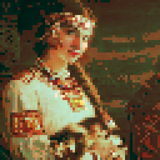 Russian girl, traditional costume, vibrant colors, intricate embroidery, flowing skirt, floral headpiece, landscape background, snow-capped mountains, golden sunset, soft brushstrokes, warm color palette