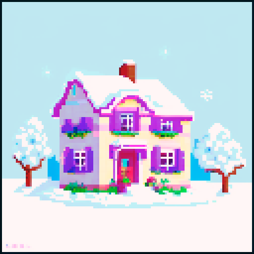 pastel palette, pixel art, ruins houses, snow