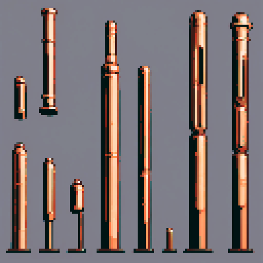 I want a tall vertical copper structure reminiscent of a organ pipe. It should have strange mechanical details that could interlock with each other. I also want this object usable an asset in a videogame, meaning only one object per image, outlined with a strong black stroke, on a solid-color background.