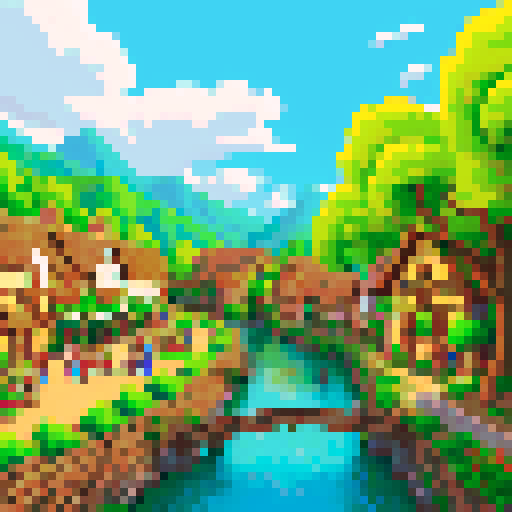 medieval village with thatched rooftops, cobblestone streets, and a bustling marketplace, surrounded by tall, majestic trees, a winding river flowing through the heart of the village, all depicted in vibrant pixel art with a charming sRGB color palette