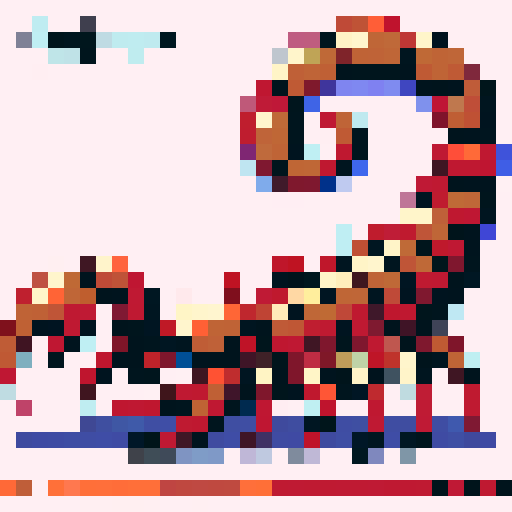 scorpion enemy, pixel art, sRGB, menacing silhouette, vibrant colors, jagged pincers, segmented body, poisonous stinger, menacing eyes, textured exoskeleton