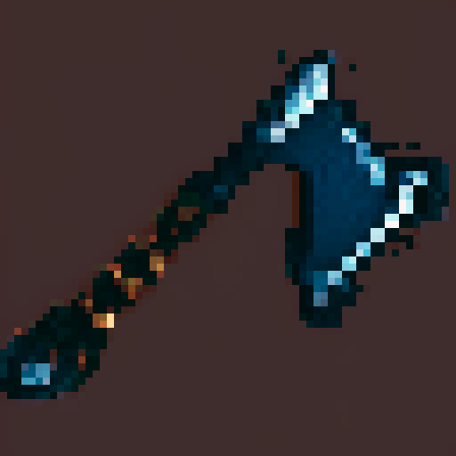 fantasy axe, sharp blade, metallic sheen, steel colored blade, textured grip