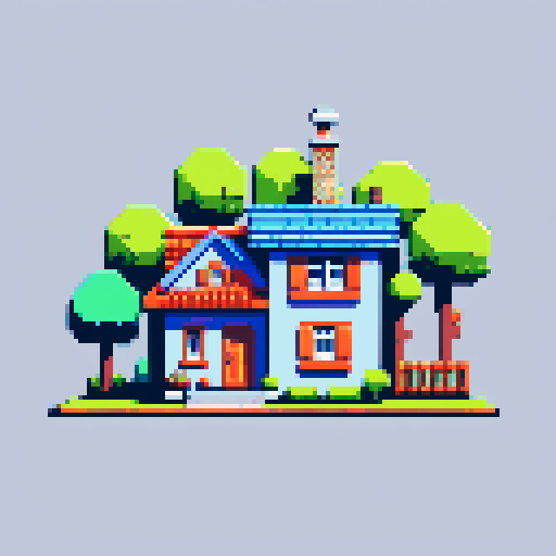 simple, silly house, pixel art, sRGB, vibrant colors, cartoonish, exaggerated proportions, quirky roof, cheerful atmosphere, playful details