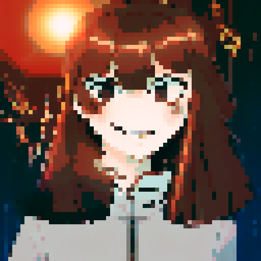 Brown and red-haired girl with a beaming smile framed by billowing blue curtains, captured in a character portrait with close-up details and an anime style, rendered in pixel art