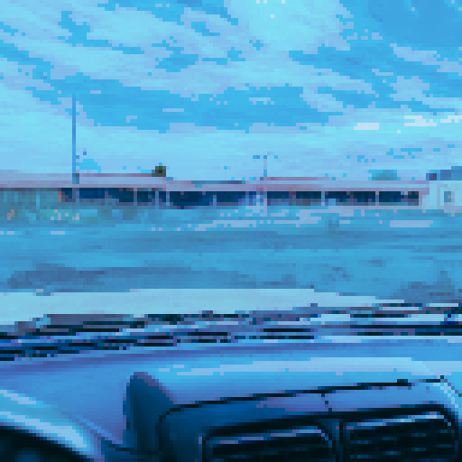 abandoned storefront, dilapidated, broken windows, faded sign, cracked paint, overgrown plants, desolate street, deserted, empty shelves, retro aesthetic, pixelated, vibrant colors, nostalgic, urban decay, graffiti, moody lighting, nostalgic backdrop, sRGB, pixel art, background, landscape