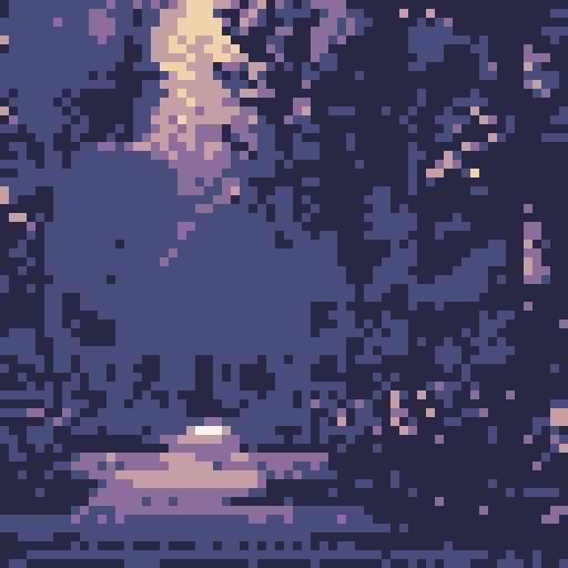 lush green leaves, towering trunk, sunlight filtering through branches, vibrant colors, detailed texture, serene atmosphere, pixelated landscape, sRGB color space, pixel art style