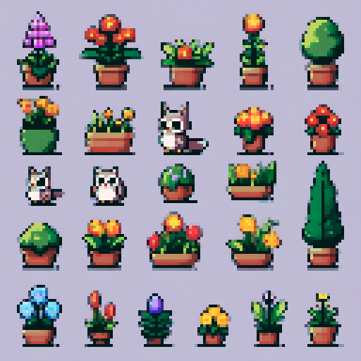 9 cottagecore themed sprites. owl fox herbs flowers moon moth bat rat plants garden snail 