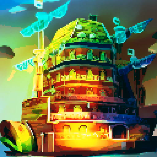 floating ship with water flowing down like a waterfall and steam, 10 stories tall, with blue colors and light  green details