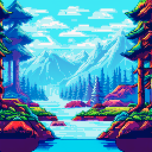 Frozen mountains looming behind a crystal-clear river, icy pine trees swaying in the wind, a small hero standing at the edge of the water, ready to jump into the unknown