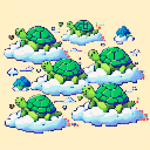 the pixelated green turtles have no choice but to flee on their pixelated clouds.