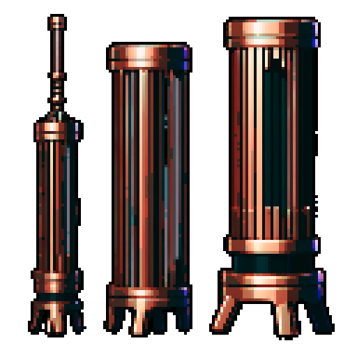 I want a tall vertical copper structure reminiscent of a organ pipe. It should have strange mechanical details that could interlock with each other. I also want this object usable an asset in a videogame, meaning only one object per image, outlined with a strong black stroke, on a solid-color background.