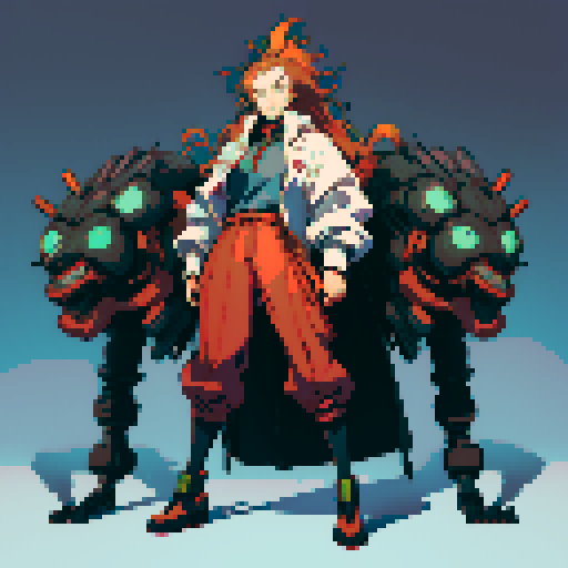 full-body image of mad scientist with a giant robot