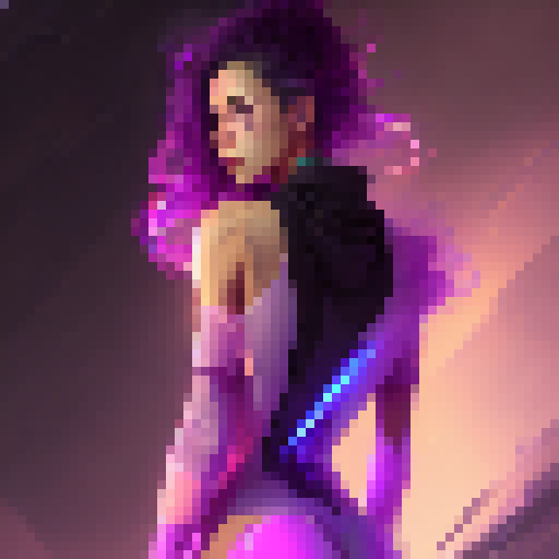 Sleek, modern, and vibrant. Neon purple and pink hues surround a sultry, seductive anime girl as she poses confidently in the nude, her long, jet black hair cascading down her back while a glowing electric blue aura emanates from her body.