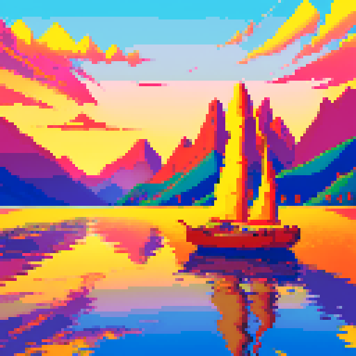 sunset sky in vibrant hues, towering mountains with jagged peaks, serene waters reflecting the golden glow, a pixel art boat sailing towards the horizon
