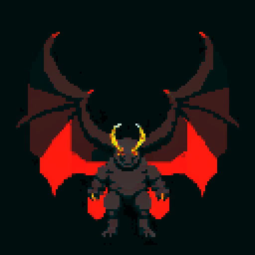 A towering demonic figure with massive horns, sharp claws, and large bat-like wings. Its dark red skin is covered in glowing runes and it has piercing yellow eyes. It exudes a powerful and sinister aura. No background.

