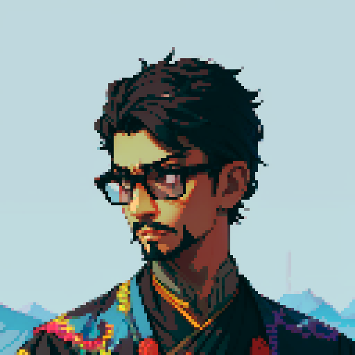 Southeast Asian man, short curly hair, round glasses, tanned, goatee, diamond shaped face, Wearing a black cloaks