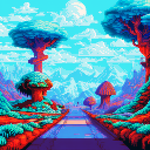 Alice, energetic and curious, explores a bizarre wonderland in pixel graphics with hilly landscapes, dark surroundings and a picturesque sRGB background with mushrooms