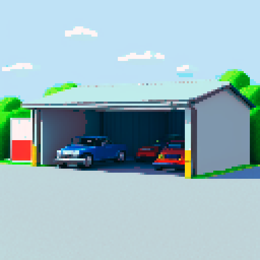 Large garage with cars, gray, asphalt, table, tools, car parts, 3d pixel art