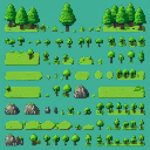 tileset, forest, trees, grass, rocks, top-down, 2-D, Grid

