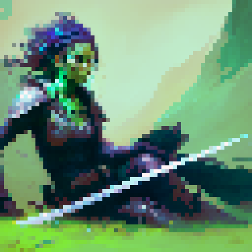 female warrior, vibrant green hair with braids, large sword, fantasy RPG