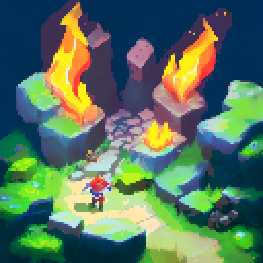 Athlete sprinting, leaping, dodging flames, hurdling obstacles, with fiery backdrop, towering mountains