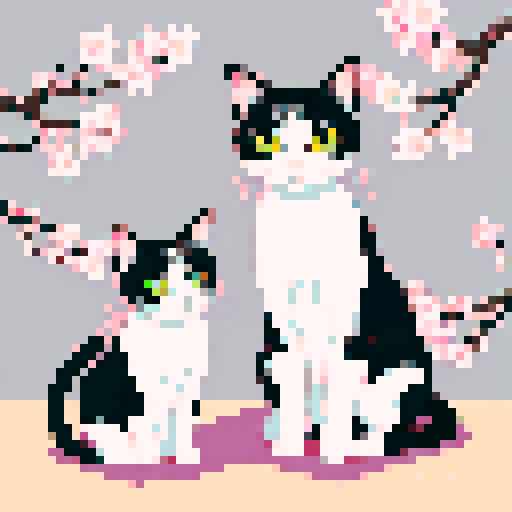 Siamese Japanese cats with pixel art style, vibrant colors, expressive eyes, delicate fur, traditional patterns, cherry blossom backdrop