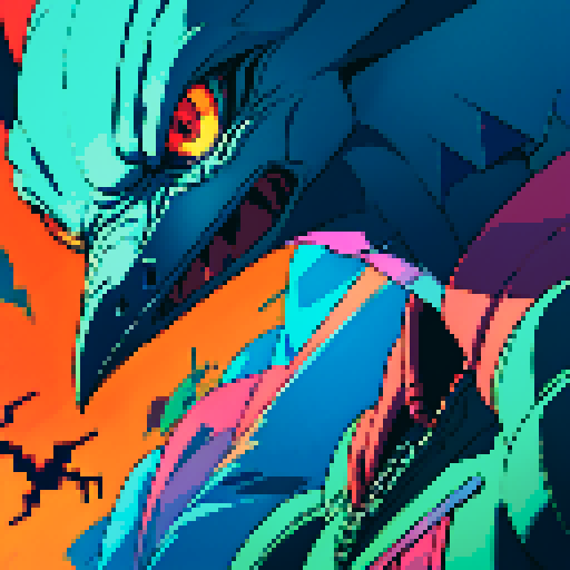bird monster, vibrant colors, sharp angles, menacing beak, mechanical limbs, glowing eyes, geometric patterns, intricate details, retro video game aesthetic, 8-bit graphics, blocky pixels, limited color palette, nostalgic vibes