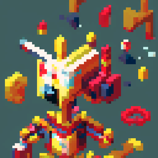  mixed arts, futurism, red. yellow, blue, pixel art, spider legs at bottom,  two horse head on Torso, golden heart as torso, crown, tri-colors, 2d, pixel, pixelized, monster mixed in arts