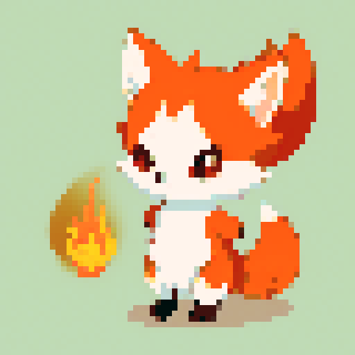 I'm creating a creature tamer video game. I'm doing the fire type starter 'mon'. It will have 3 stages. This is the smaller less powerful stage 1. It has 4 legs, and is fox or dog like in appearence. The type of 'mon' a boy would choose. It's ears are made of fire.