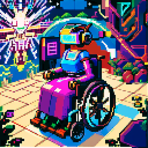 Wheelchair bound, vibrant colors, pixelated details, sRGB color palette, retro joystick, futuristic robotic arms, whimsical patterns, dynamic motion lines, expressive facial features, intricate pixel shading, immersive virtual reality headset