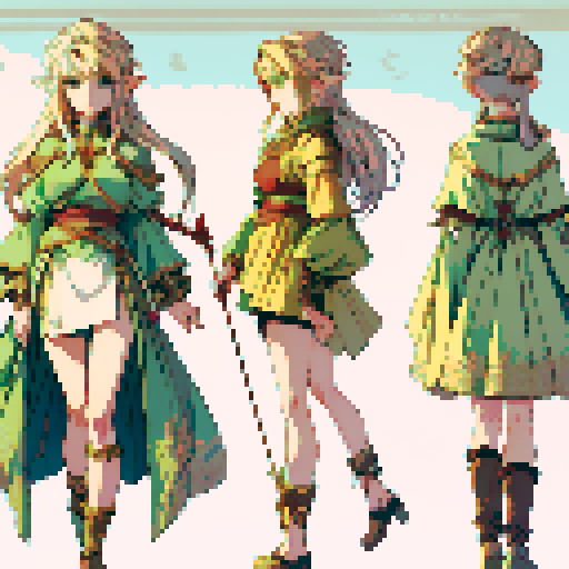 JRPG game charater design ,a female 
elf with gold hair, green eyes , job class archer wearing leather armer , hoding an ancient bow carring arrows on her back ,age around 18