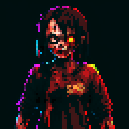 zombie, decaying flesh, bloodshot eyes, tattered clothing, pixelated, vibrant colors, eerie glow