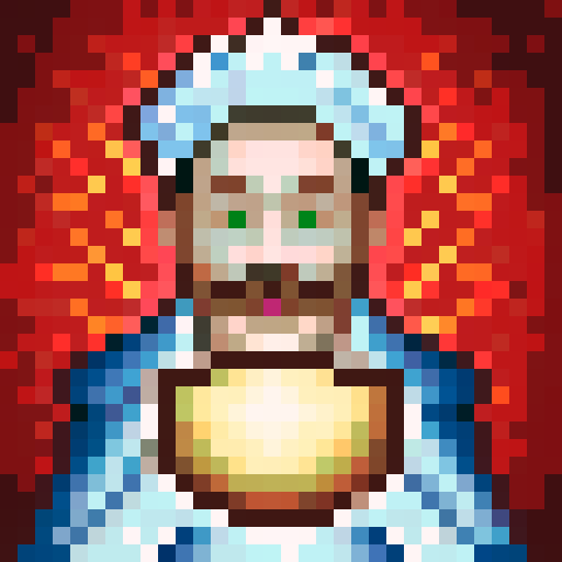 Cooking chef with a bushy moustache, wearing a chef hat and apron, holding a frying pan, against a vibrant background, in 32x32 pixel art style, with skillful detailing and vibrant sRGB colors, capturing a close-up portrait for a video game 2D icon